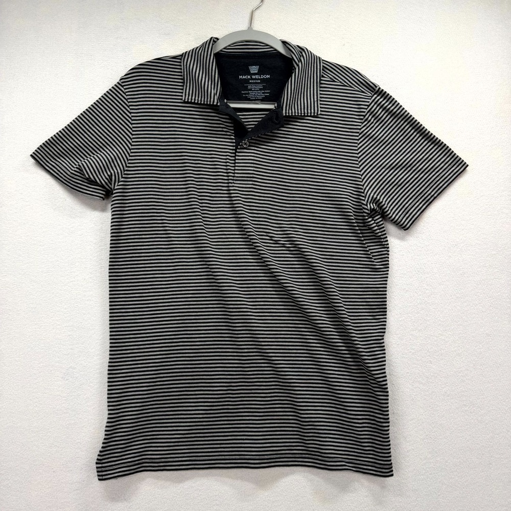 Mack Weldon Polo Shirt Mens Medium Black Gray Striped Golf Performance Preppy